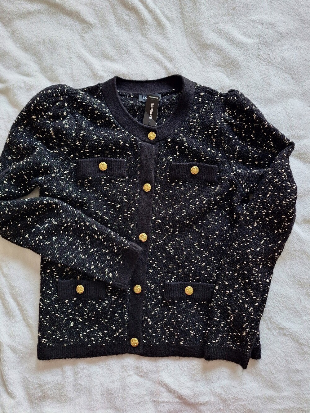 NWT Express Womens L Black Gold Tweed Boucle Cardigan Sweater Puff Shoulder